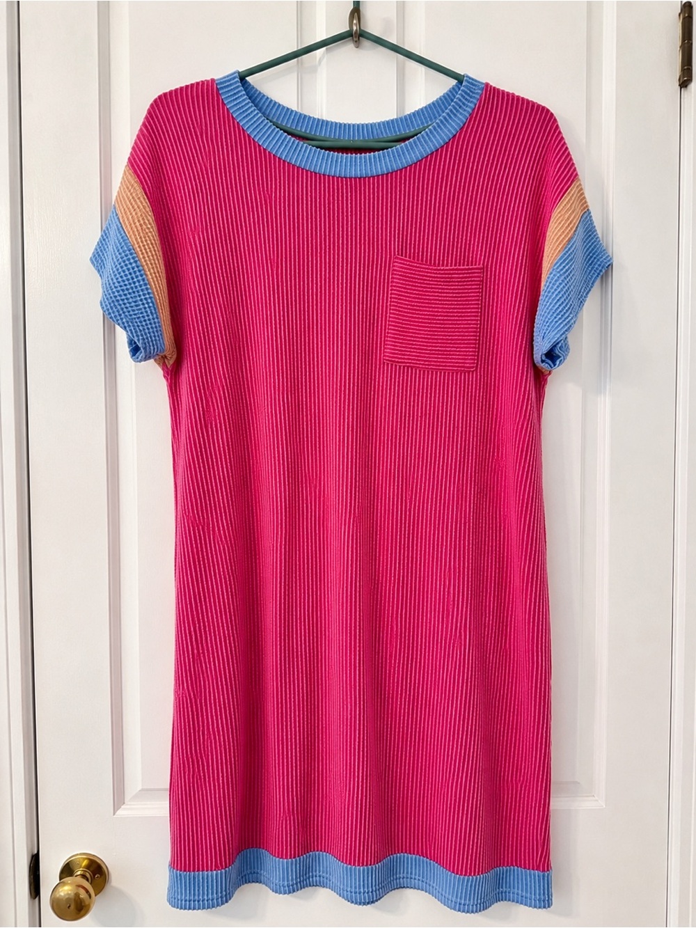 Bright Pink Ribbed T-Shirt Dress with Blue Trim